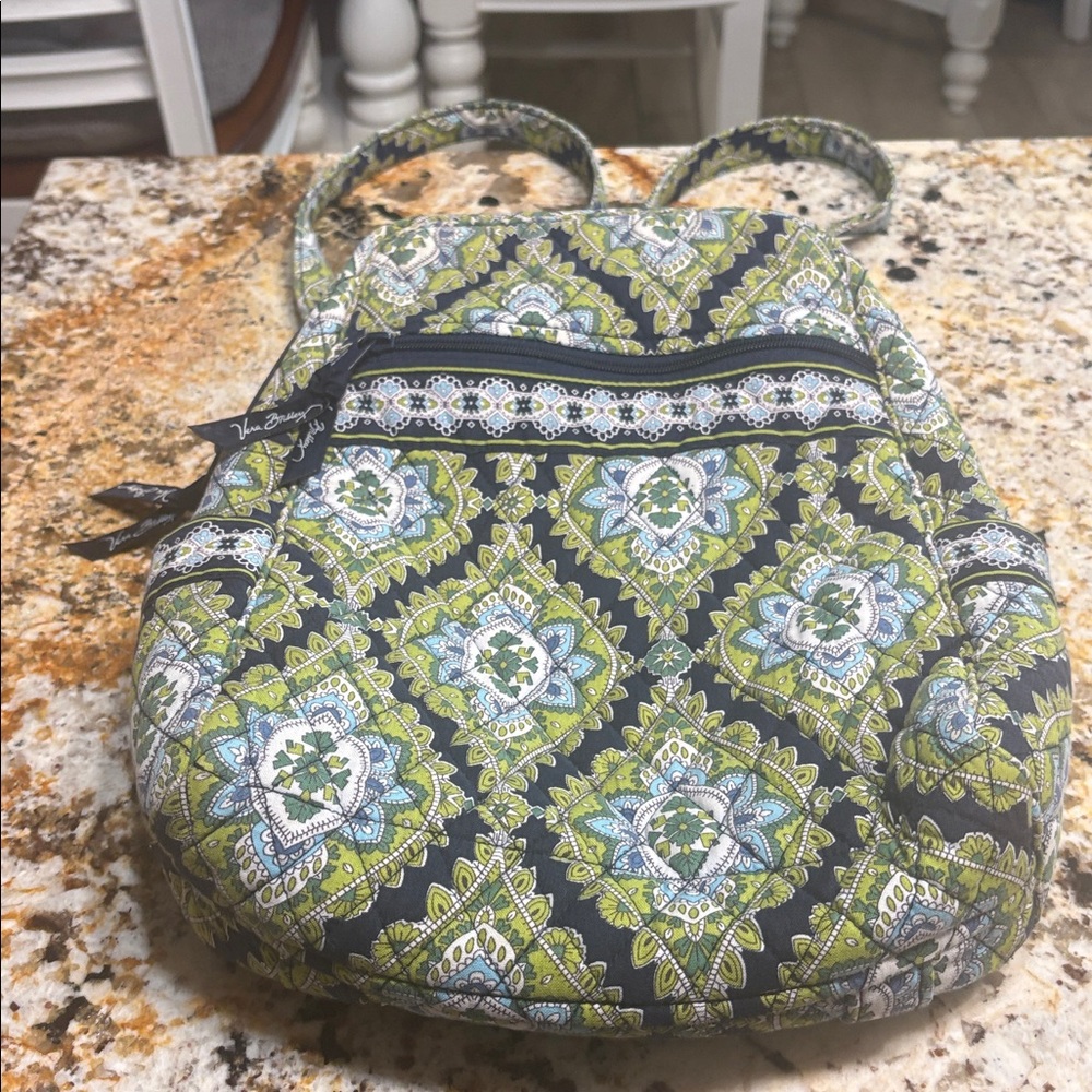 Vera Bradley Quilted Mini Backpack Purse Green Navy Blue - Picture 2 of 11